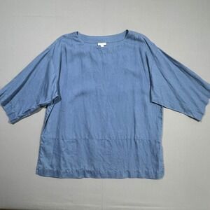 Pure Jill Linen Top Boxy Boat Neck Oversized Lagenlook Blue Women's Large